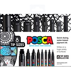 Uni Posca Paint Marker Wallet Assorted Tip Sizes Black Set of 8