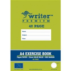 Writer Premium Exercise Book A4 48 Page 25mm Solid Ruled with Margim