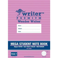 Wonder Writer Student Mega Notebook 64 Page QLD Ruled Year 2 6mm Red Margin