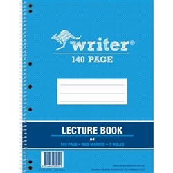 Writer Spiral Lecture Book A4 7 Hole 8mm Ruled With Red Margin Side Bound 140 Page