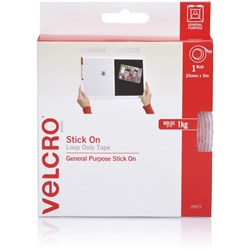 Velcro Brand Stick On Loop Only 25mm x 5m Tape With Dispenser White