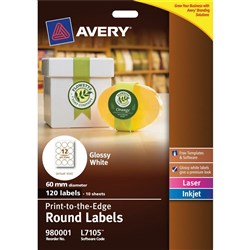 L7105 WHITE ROUND GLOSS LABEL 12UP 60mmD 10/pack Pack of 10