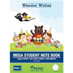 Wonder Writer Student Mega Notebook 64 Page QLD Ruled Year 2 6mm Red Margin